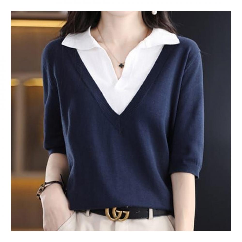 NaVaVa Soft Two In One V Neck Collar Short sleeVe Knit Tee Nk1400