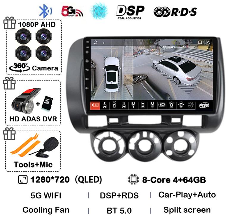 Android 14 Carplay Car Radio For Honda Fit Jazz City 2002 2003 2004 2005 2006 2007 Multimedia Video Player GPS Stereo Head Unit