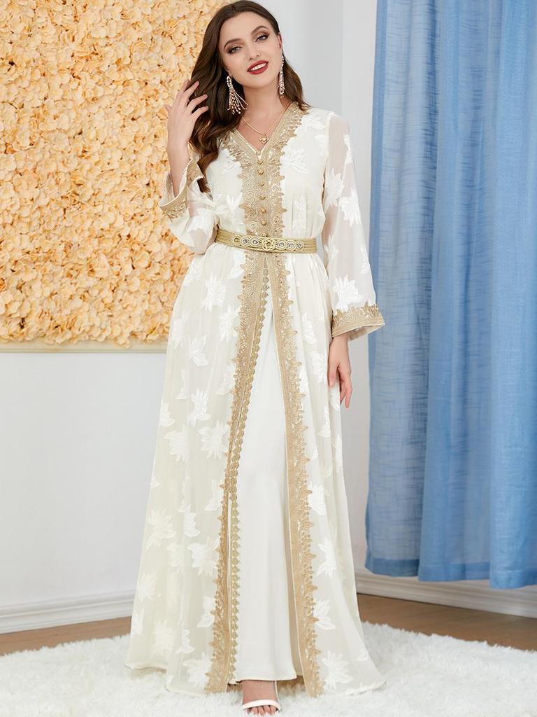 Women's V-neck Long Sleeve Middle Eastern Abaya Two-Piece Set Dress