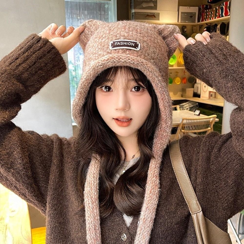 New Thickened Cute Ear Hat Windproof Coldproof Knitted Hat Spicy Girl Hat Girl Boy