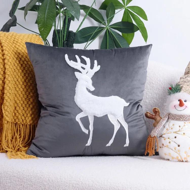 

Чехол на подушку с изображением оленя, мягкий бархат, 45x45 см, Рождественский чехол с вышивкой оленя, зеленый, красный, черный, белый, серый, домашний декор серый