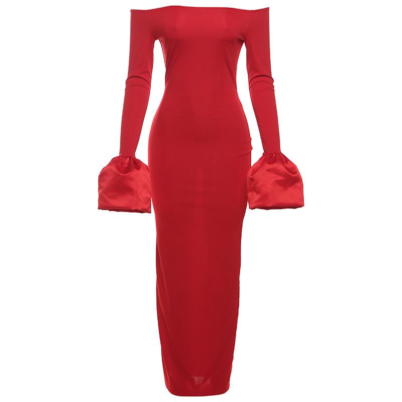 

Женское осенне-зимнее модное платье с длинным рукавом, узким разрезом и длинной юбкой, с цветочным принтом и манжетами S красный