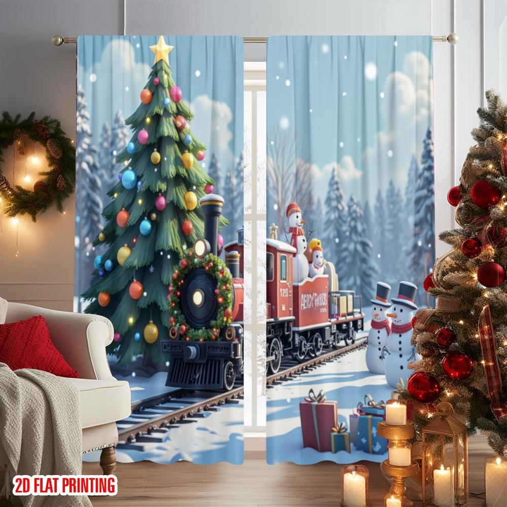 2pcs 2D flat printing Popular Christmas curtains Day Christmas Train Scene Digital Printed Polyester Drapes Holiday Decorations