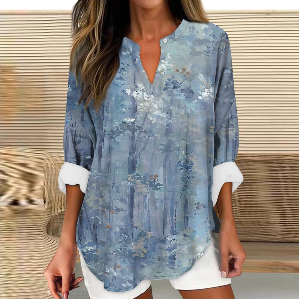 Women's Fashion Casual Printed Drop Shoulder Long Sleeve V-Neck Women's Hemp Tops