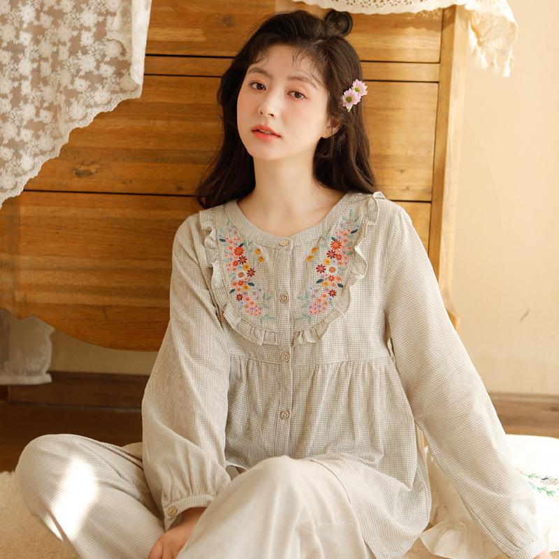 

Женская пижама из хлопка с длинными рукавами и круглым вырезом, однотонный пижамный комплект для дома из 2 предметов XXL зелёный