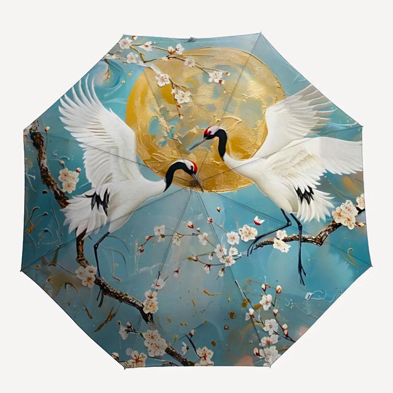 

1pc Cranes Blossoms Automatic Folding Umbrella, Sturdy And Durable Automatic Folding Umbrella with 8 Ribs, Convenient for Outdoor Use195