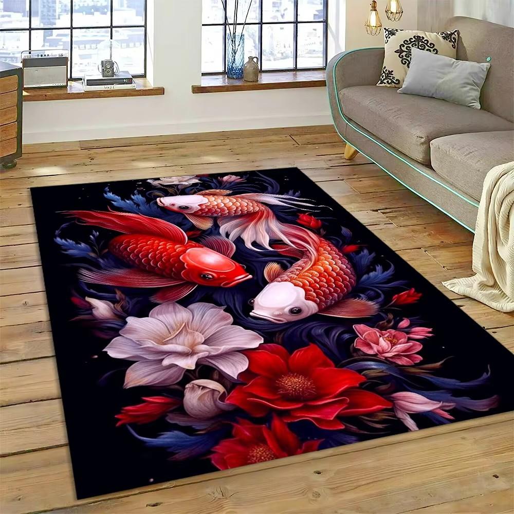 Alfombra de dibujos animados de peces Yin Yang naturalizados con carpa Koi para el hogar, sala de estar, dormitorio, sofá, felpudo decorativo, alfombra para área infantil, alfombra antideslizante