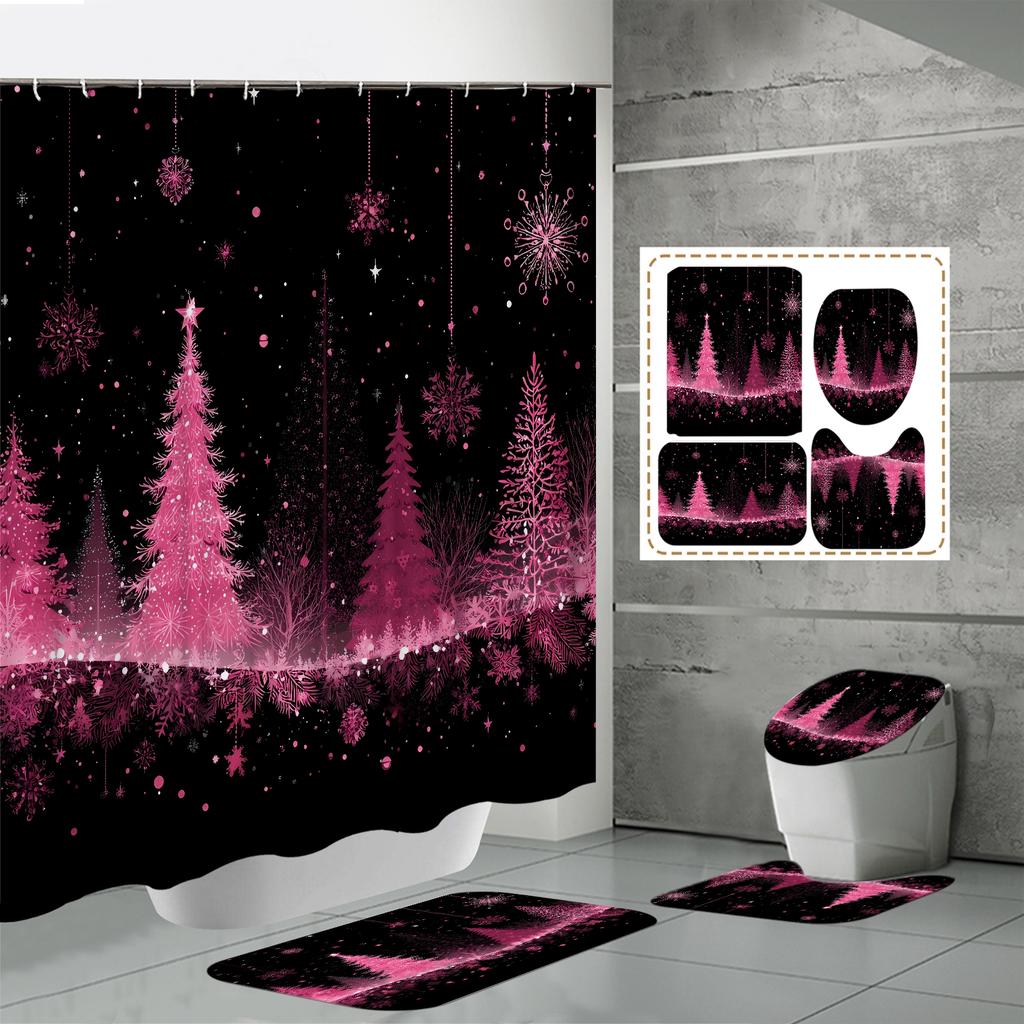 4PCS  Shower Curtain Sets With Shower Curtain And Rugs Toilet Lid Rug U Shape Mat And Bath Mat Bathroom Set  With 12 Hooks