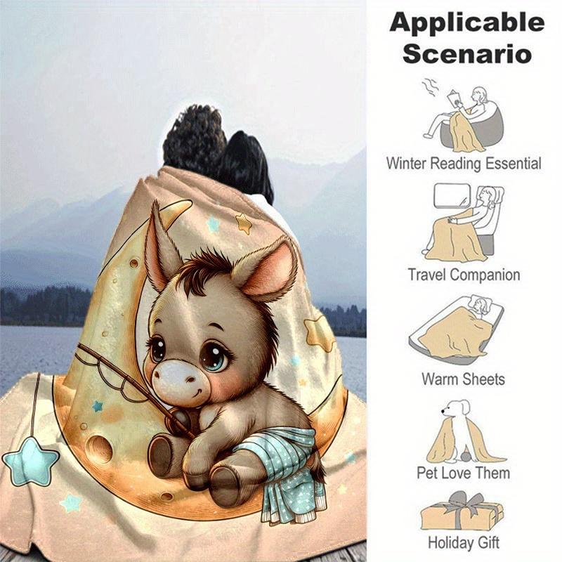 1pc Moon Donkey Printing Lightweight Flannel Blanket, Comfortable and Warm Blanket, for Camping Sofa Bed and Couch Office, Suitable for Gift Blankets