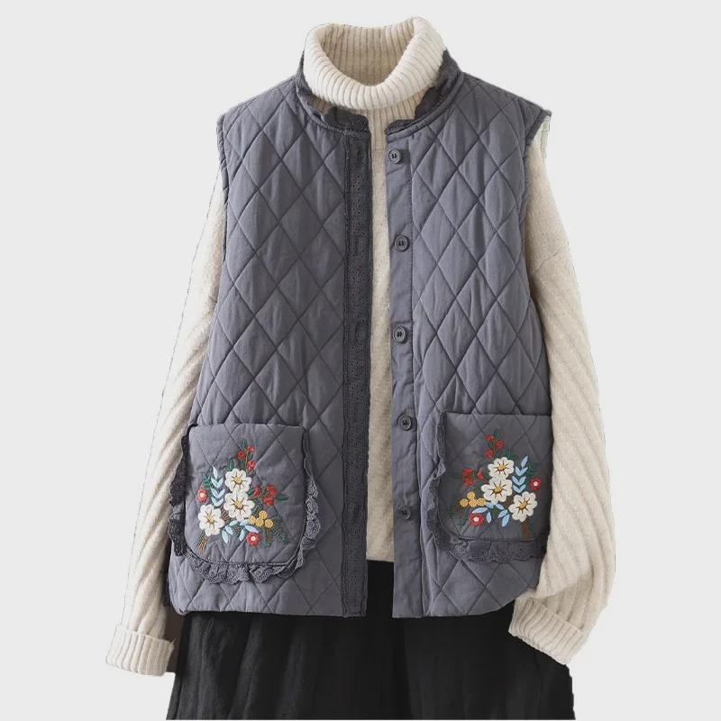 2023 Winter Women's Embroidered Cotton Vest: Loose, Versatile Large Size with Double Pockets