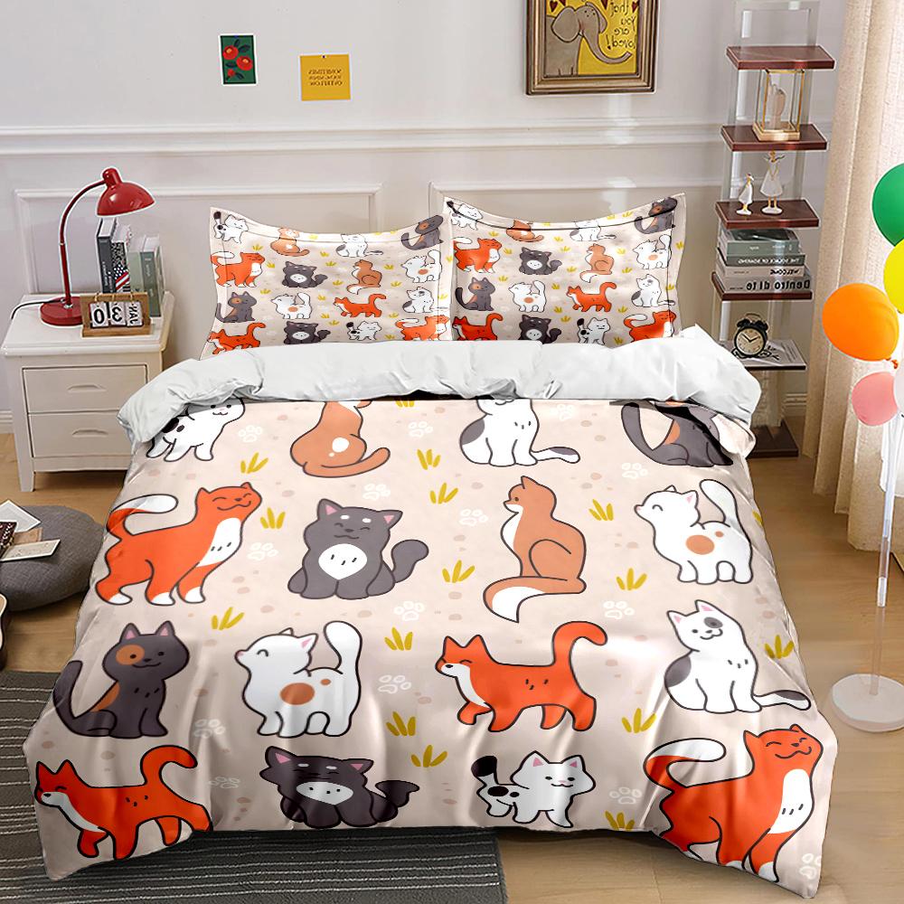 Cartoon Cat Pattern Design Print Bedding Set 1 Duvet Cover 2 Pillowcases for Adult and Children Luxury Gift Full Size