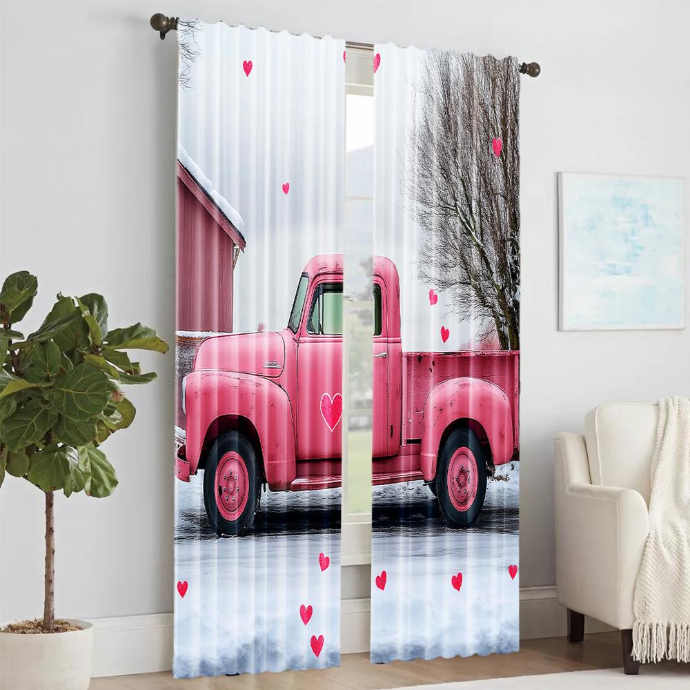 2 pcs   versatile polyester transparent curtains for home decoration Vintage Pink Truck for use in bedrooms and living rooms