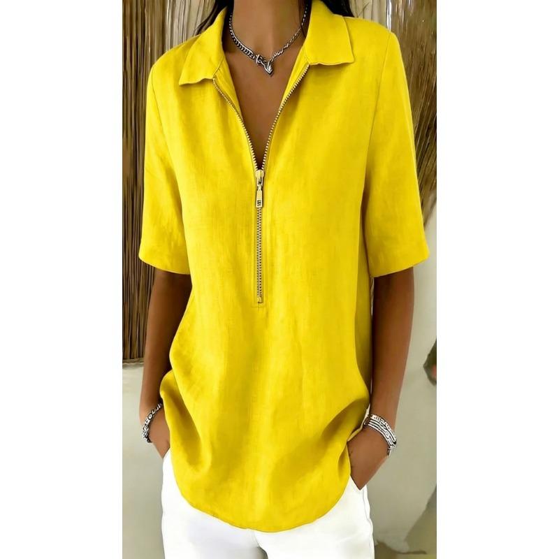 Women Casual Solid Color Lapel Zip Half Sleeve Fashion Blouse