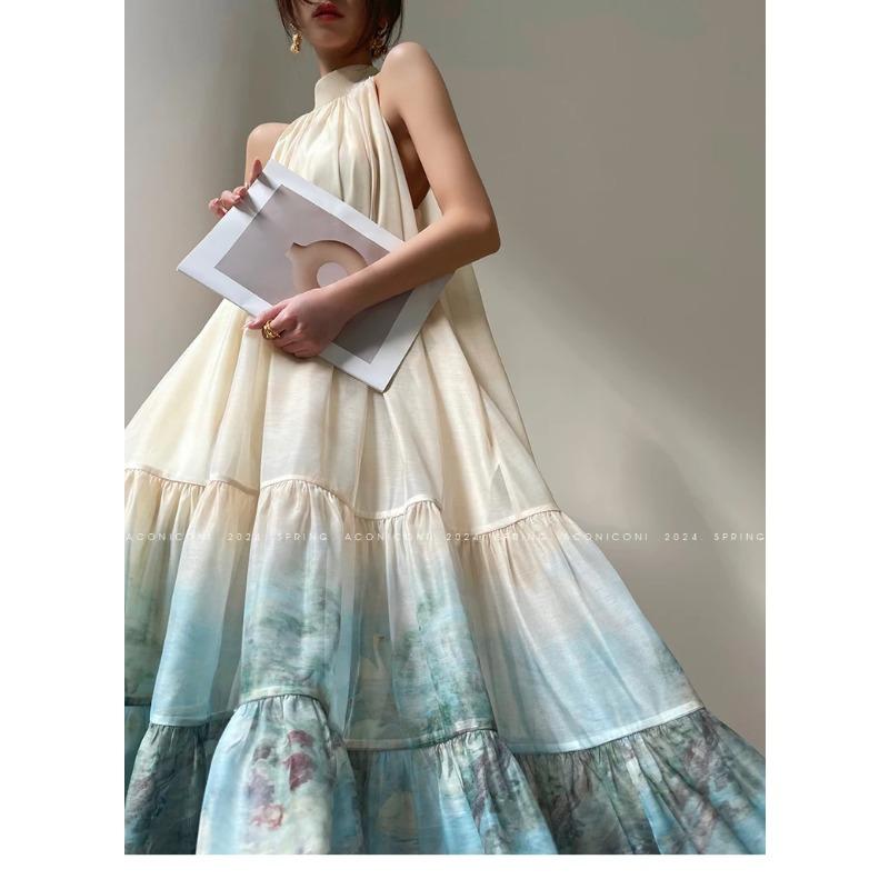 New Chinese Style Print Long Dresses for Women Summer Sleeveless Halter Loose A-line Evening Party Dress Prom Robe Vestidos