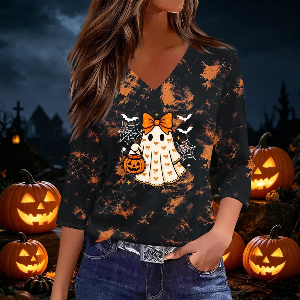 Women's Casual V-Neck Three-Quarter Sleeve Top with Halloween Print