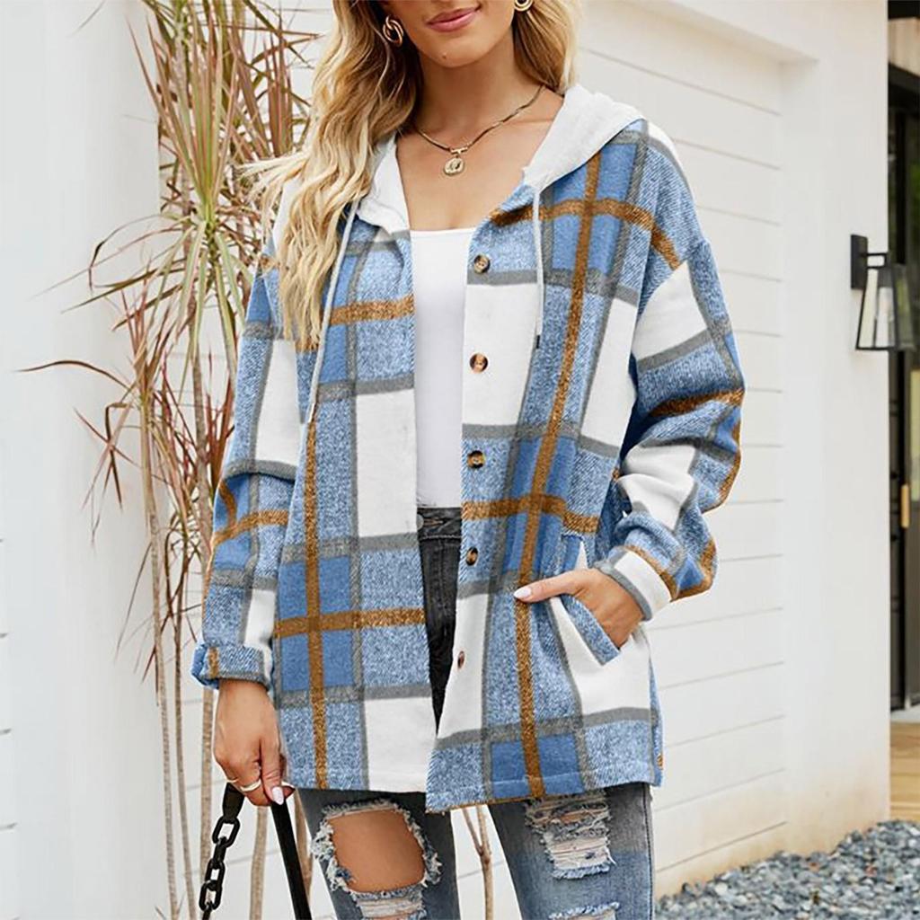 Ladies Casual Fashion Jacket Hooded Plaid Colorblock Wool Shirt Jacket