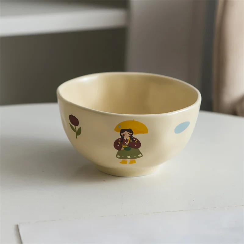Vintage Cute Girls Ceramic Salad Bowl Dish Korean Breakfast Yogurt Oatmeal Noodle Bowls Snacks Fruit Dessert Plates Tableware
