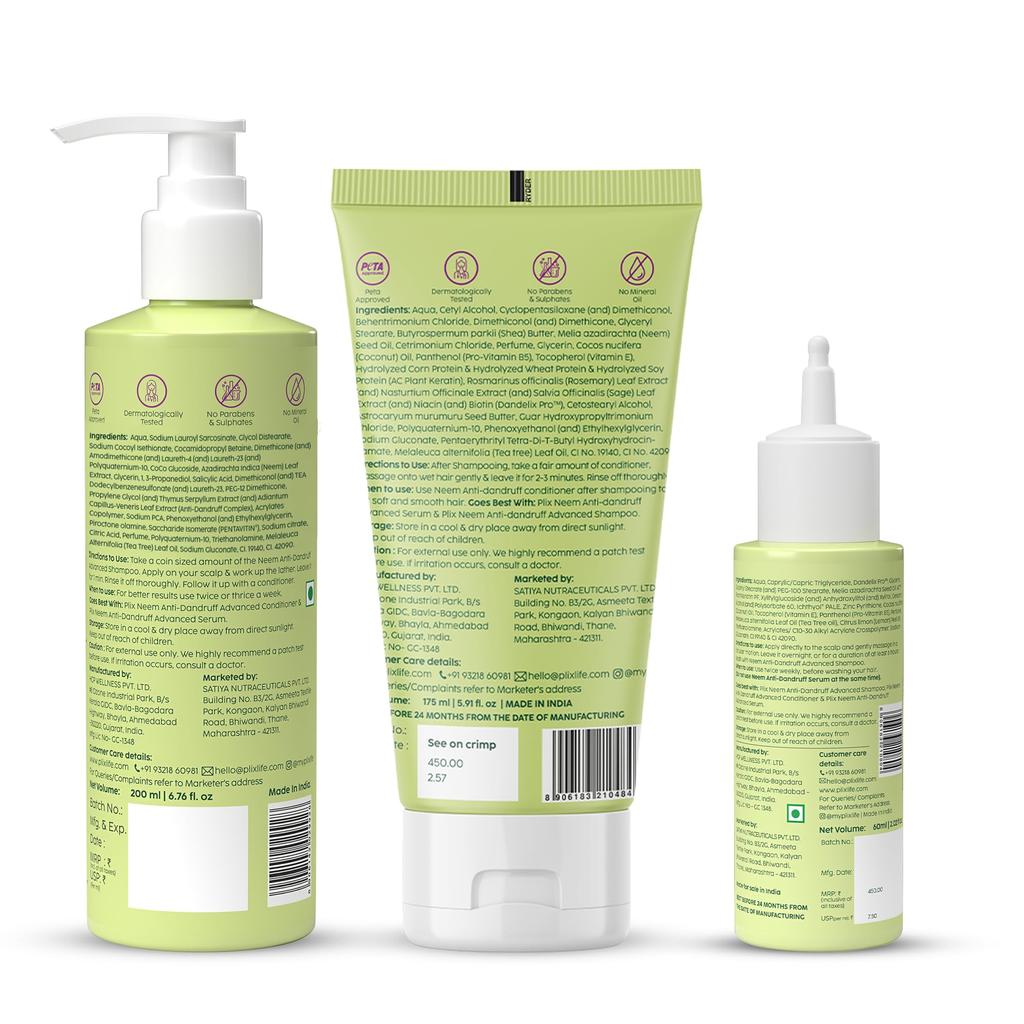 PLIX - THE PLANT FIX Neem Anti-Dandruff Advanced Combo| Shampoo 200ml, Conditioner 175ml & Lotion 60ml |