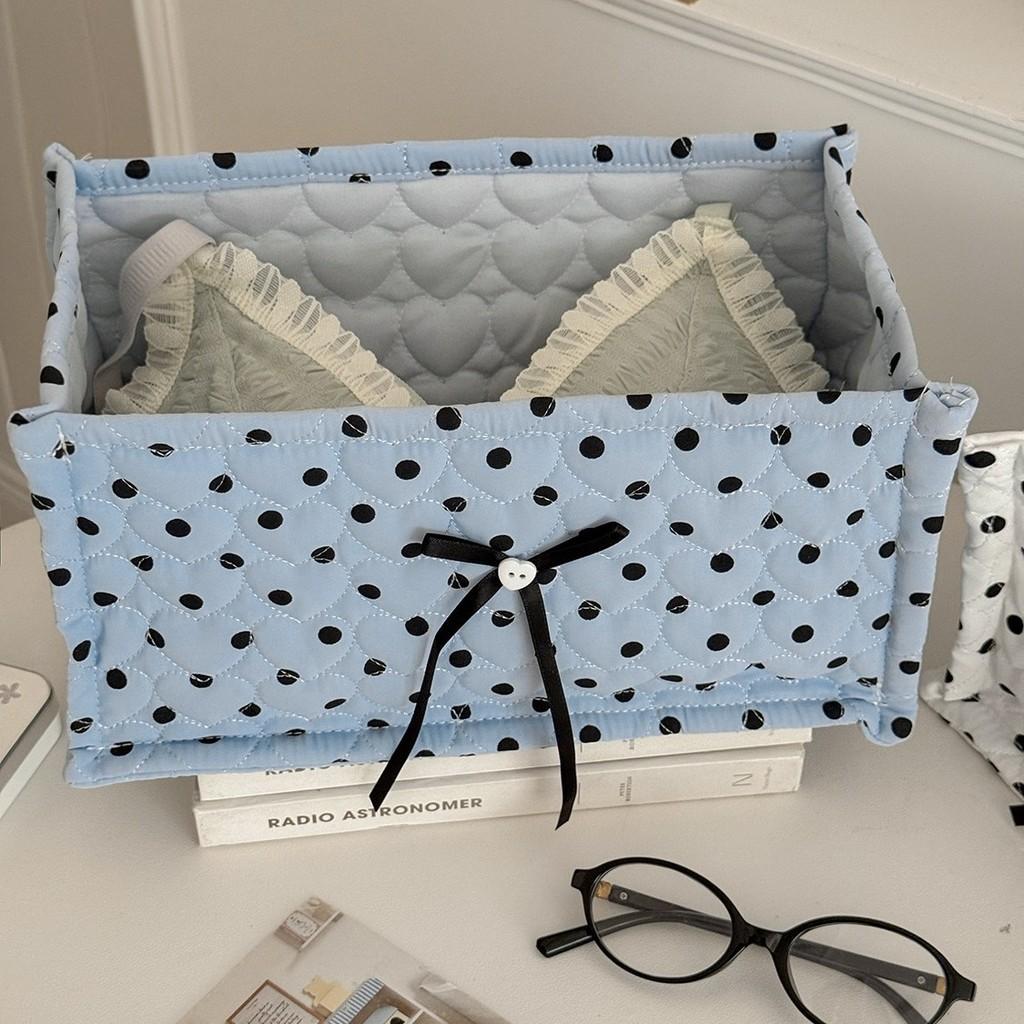 Large Polka Dot Quilted Rectangular Storage Basket With Nylon Material For Home Organization