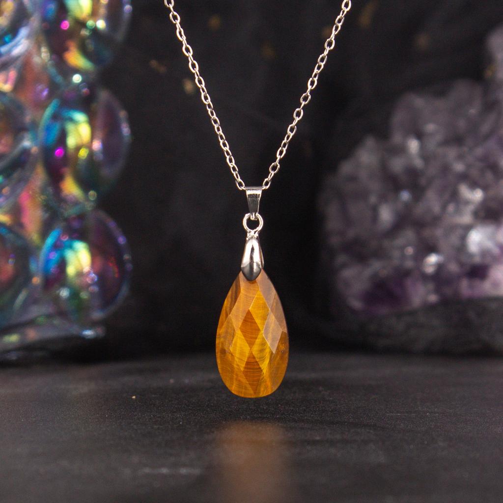 Natural Crystal Pendant, Blue Gold, Amethyst, Cut Surface, Long Water Droplet Necklace, jewelry,Christmas Gift, Valentine's Day Gift, Birthday Gift