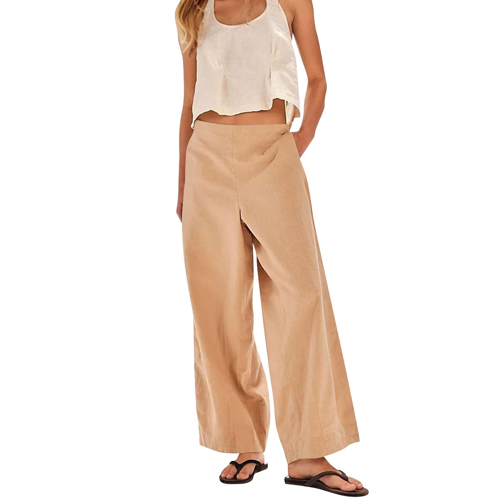 

Женские льняные брюки с широкими штанинами, эластичные брюки-палаццо с высокой талией, повседневная свободная одежда для пляжного отдыха с карманами S хаки