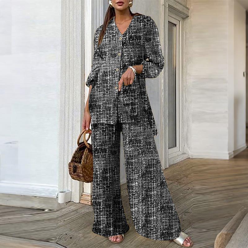 ZANZEA Women Long Sleeve Blouse and Pants Retro Print Casual Two Piece Suit Sets