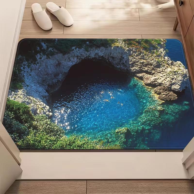2D Stone Well Door Mat Old Rock Well Entrance Rug Visual Illusion Non-Slip Indoor Welcome Mat Vintage Garden Hallway Floor Decor