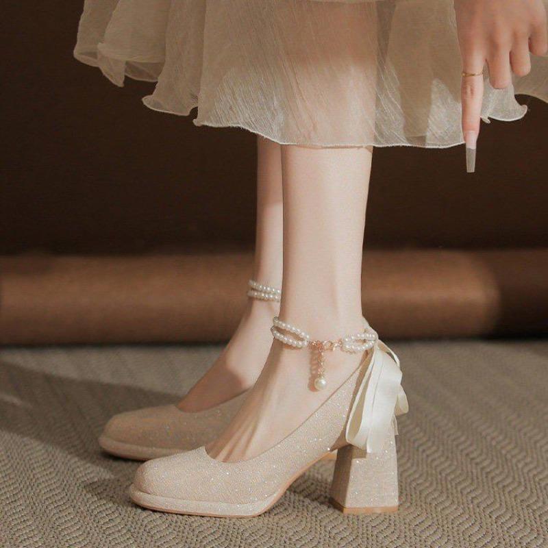 Spring and Summer New Platform Platform Wedding Shoes Two Wears Block Heel High Heel Single Shoes for Women 35