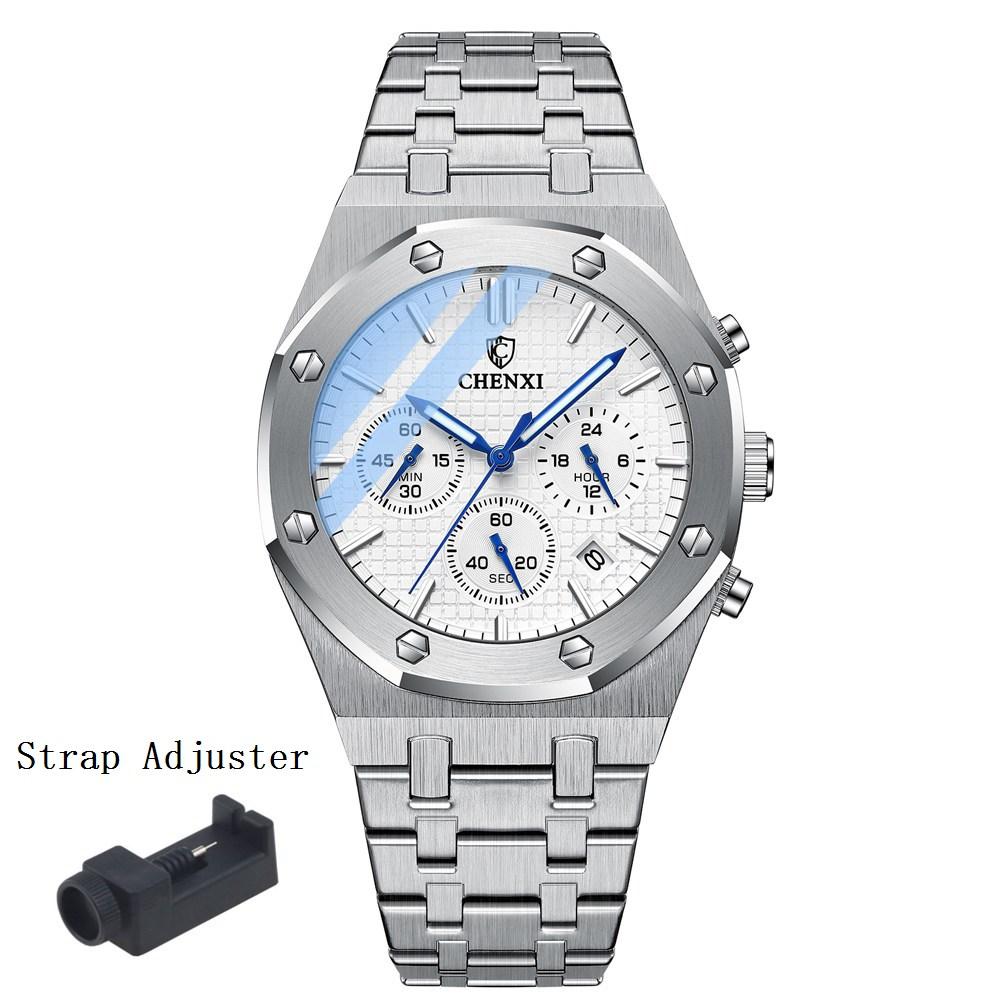 

Уникальные черные стальные часы-хронограф для мужчин, модные, повседневные, с календарем и пряжкой-бабочкой, деловые, кварцевые, мужские часы класса люкс, лучший бренд серебро белый