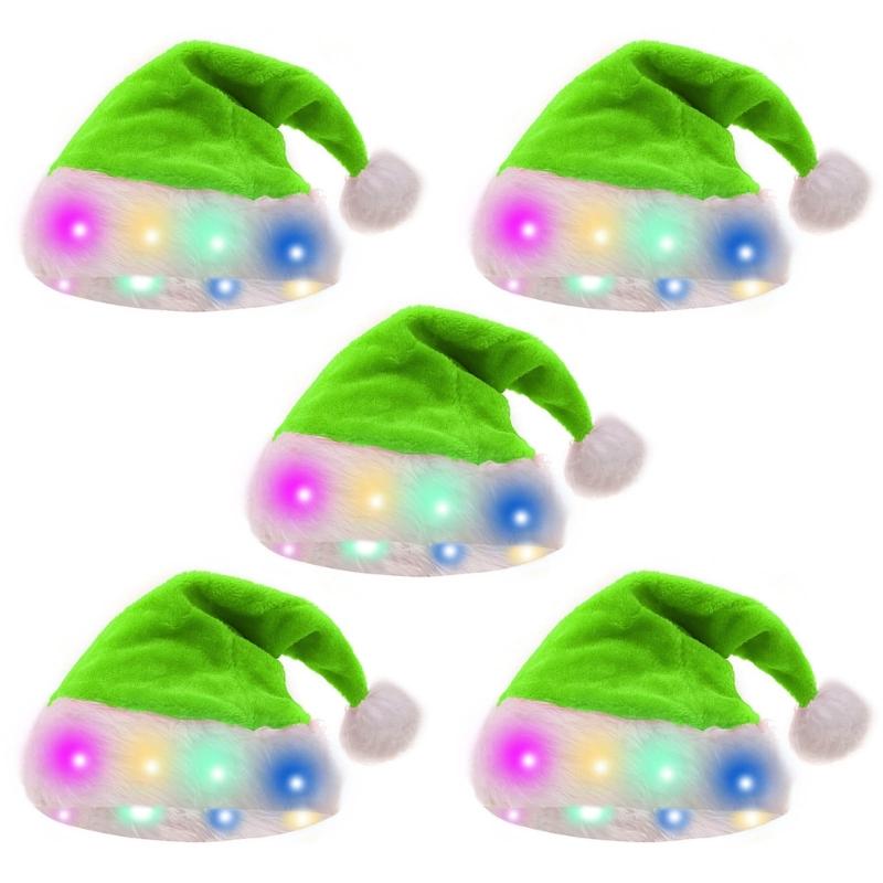 Pack of 5pcs Unisex LED Santa Hat Soft and Comfortable Pom Hats Headgears for Christmas Celebrations and Photo Props