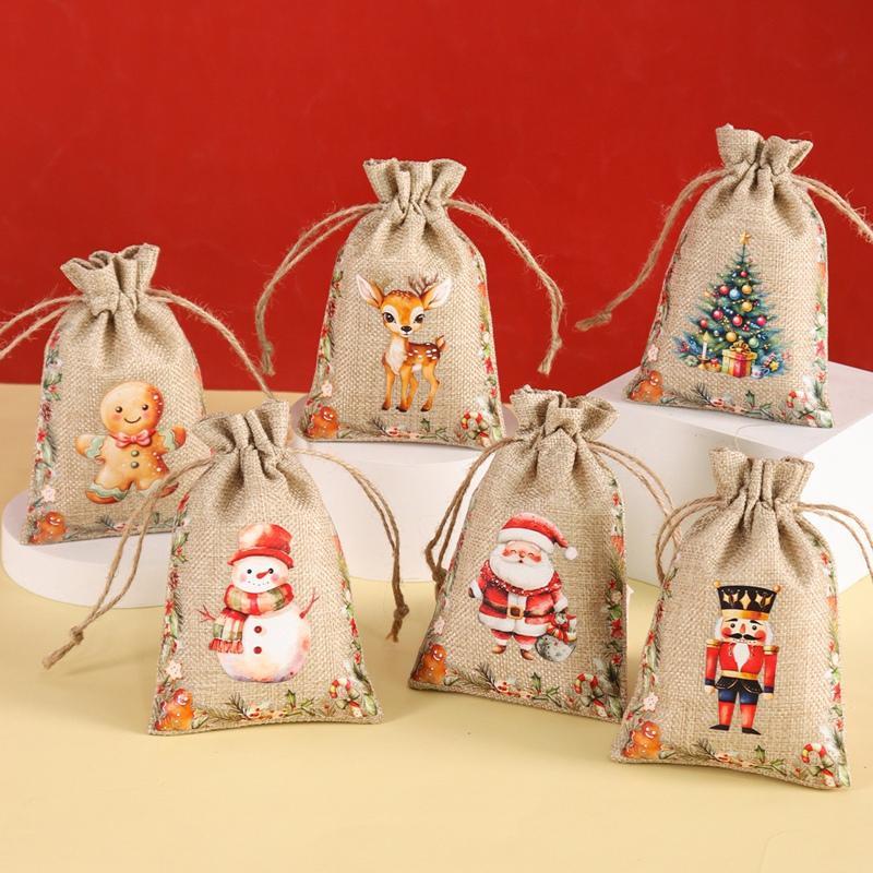 6pcs Watercolor Christmas Linen Candy Bags Burlap Drawstring Gifts Storage Bags Christmas Decorations 2026 Xmas Navidad Natal