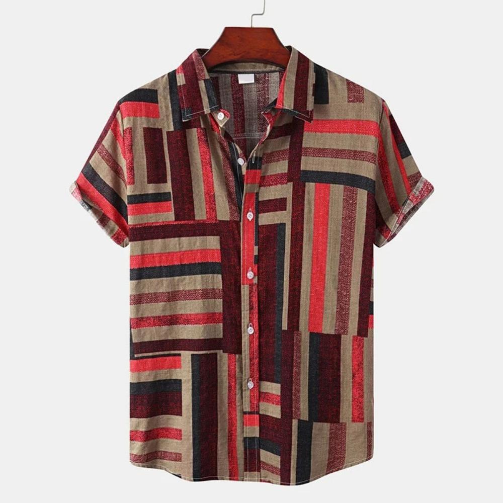 Vintage Splicing Pattern Hawaiian Shirt For Men Colorful Square 3D Printed Short Sleeve Blouse Casual Button Loose Aloha Shirts