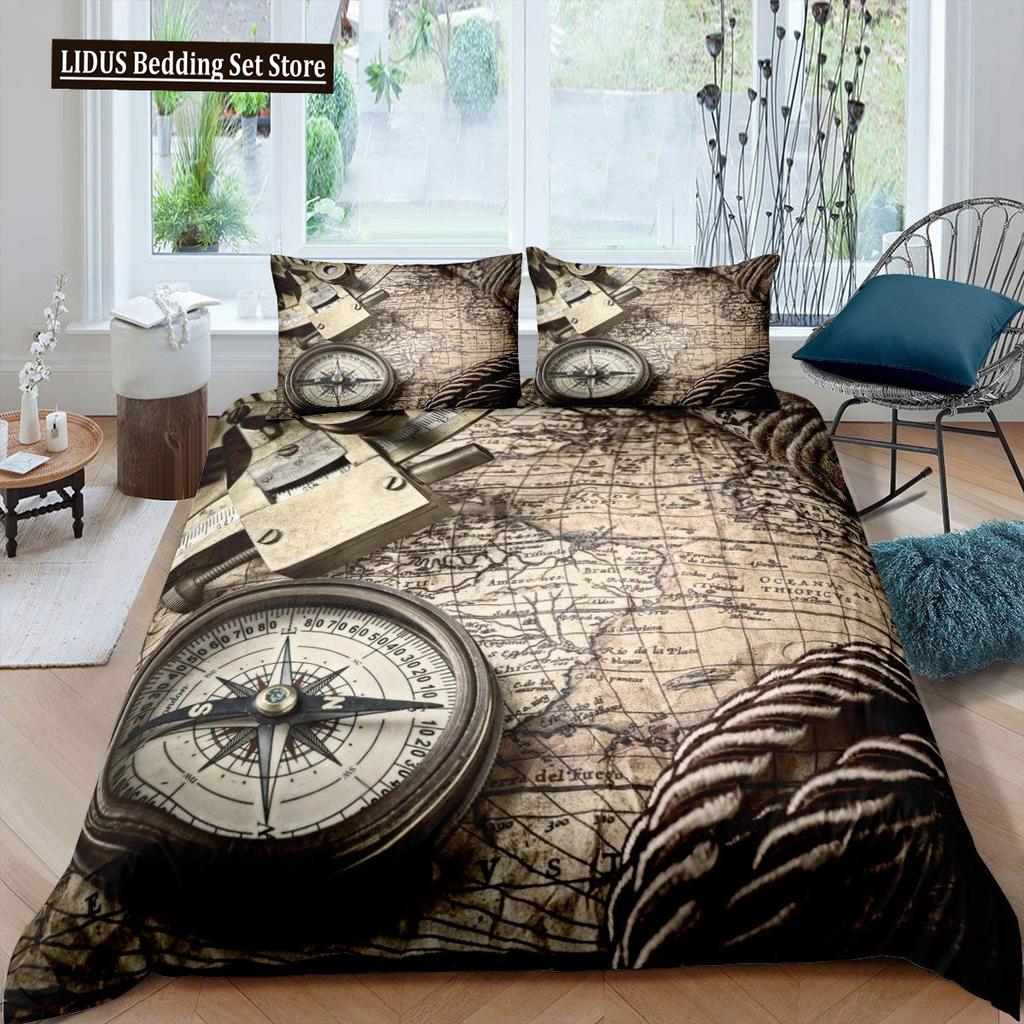 Nautical Duvet Cover Set Boat Pirate Bedding Set King Size Retro Sailboat Brown Comforter Cover Anchor Compass Vintage Quilt Set