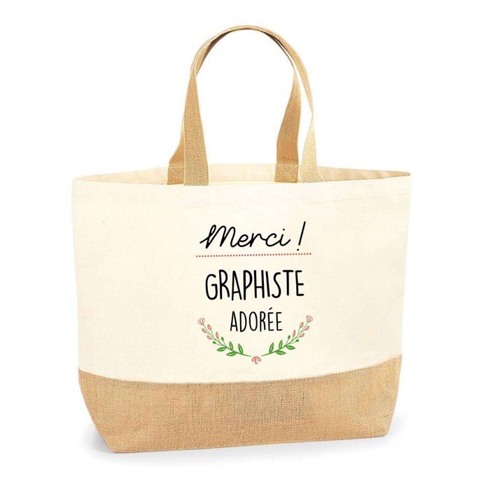 Tote bag - PLANETEE - Merci Graphiste Adorée - jute naturel - fabriqué en France - multicolore imprimé