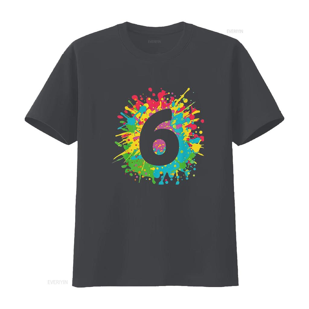 Womens 6Th Birthday T Shirt For Girls Boys 6 Paint Splashes Black 2XL Vintage Washed Graphic Comfortable Unisex Stretched