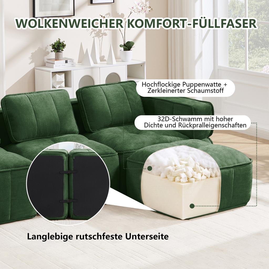4-seater U-shaped sofa without frame with 2 ottomans, 32D high-density foam, fabric cover, non-slip, for living room, no assembly required, Green.