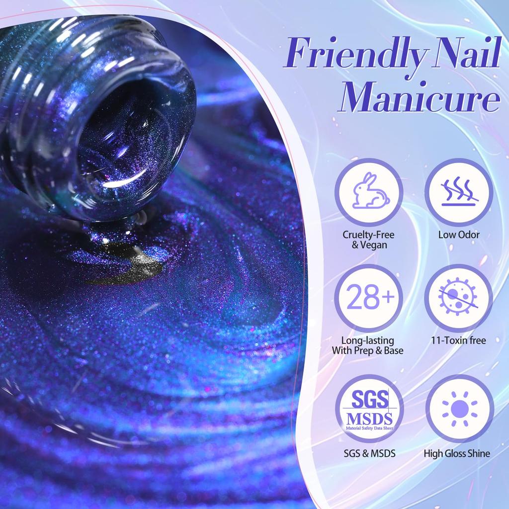 BORN PRETTY Magnetic Nail Polish 6-Color Set: Magnetic Gel with Magnets, Cat Eye Gel, Glittery, Colorful Galaxy, Glass Beads, Cat's Eye Design, Microp