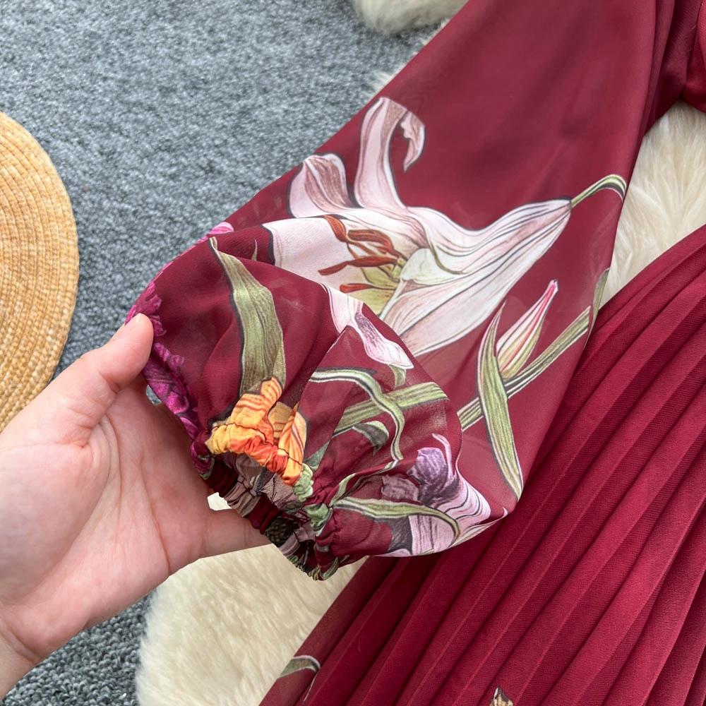 Hochwertiges bedrucktes Kleid für Damen Frühling Herbst A Schlank machende Taille und elegantes plissiertes langes Damenkleid