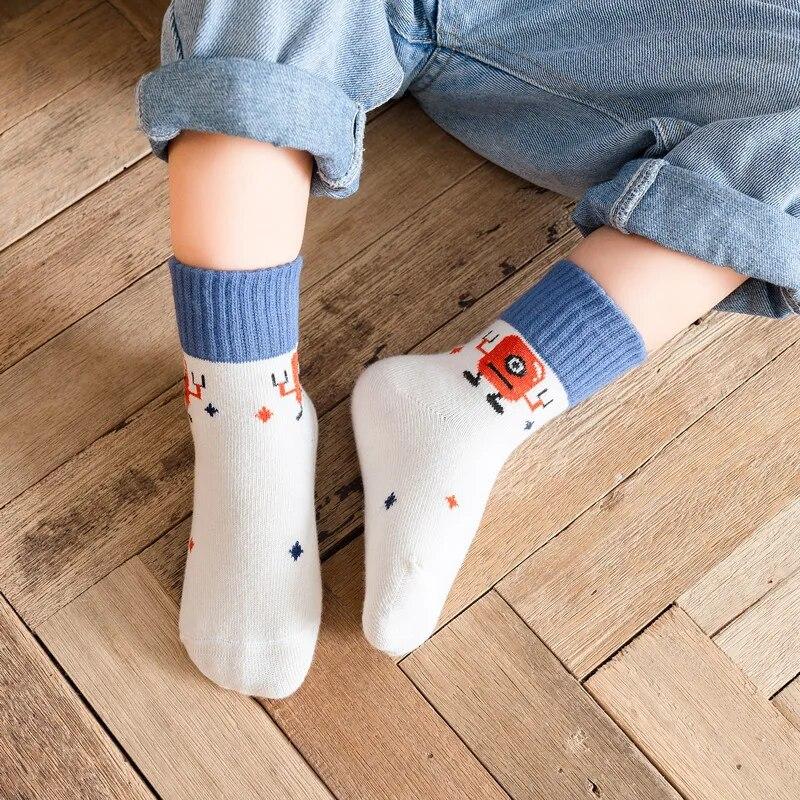 5 Pairs Kids Cartoon Striped Cotton Socks Spring Autumn Baby Boys Girls Breathable Knitted Crew Socks For Toddlers Age 1-8 Years