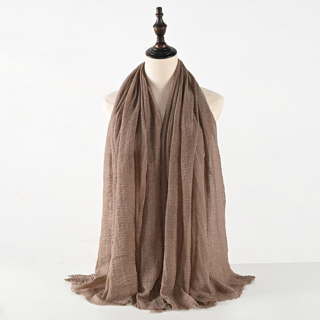Crinkled Cotton-Linen Blend Scarf with Fringe - Solid Color, 90x180cm, Women's Headscarf