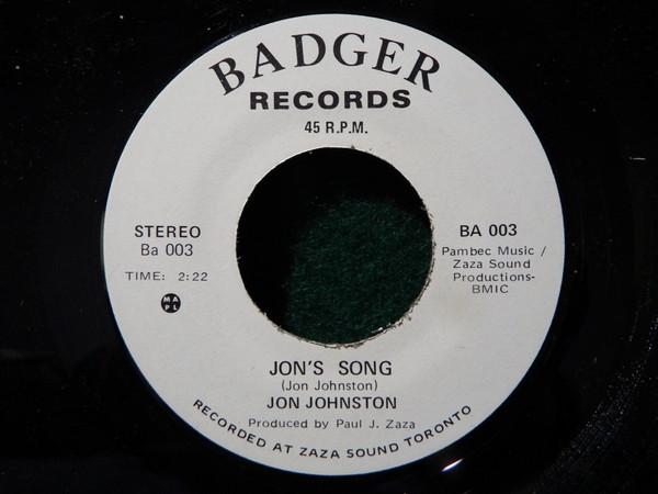 

7inch Record JON JOHNSTON - Jon s Song BA003 Badger 1975 Canada Rock Used