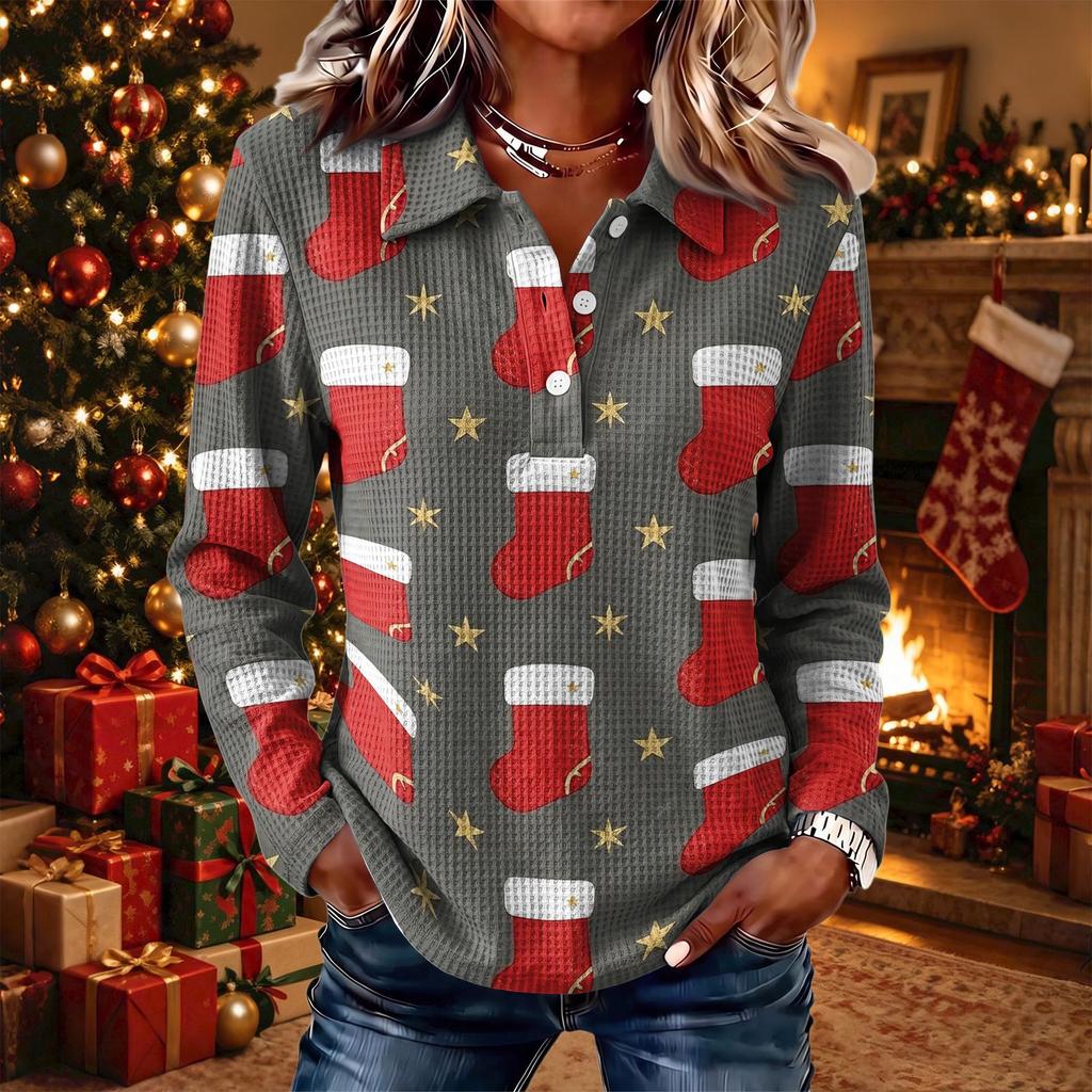 Women's Fashion Casual Christmas Print Knit Long Sleeve Button-Up Collared Top