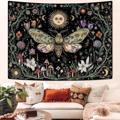 Boho Moth Sun Moon Tapestry, Witchy Floral Mushroom Print Wall Hanging for Bedroom Dorm Home Decor