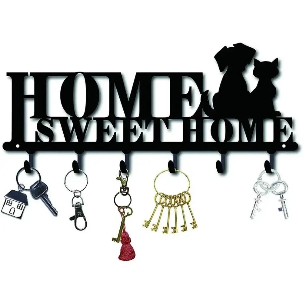 Sweet Home & Dogs Design Wall Organizer Rack with 6 Hooks - Stylish Storage for Bathroom, Entryway, and More