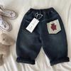 Kids Fleece-Lined Denim Pants with Cute Bear Print for Boys and Girls