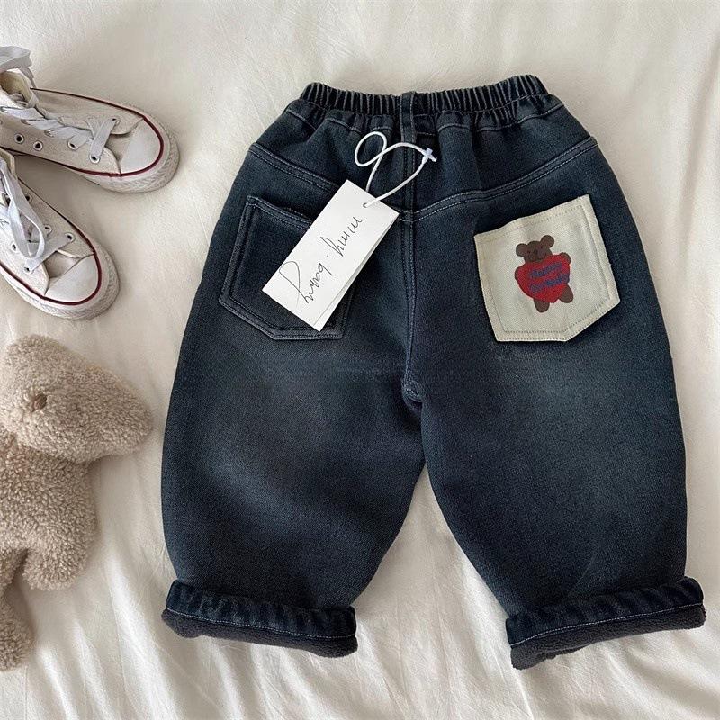 Kids Fleece-Lined Denim Pants with Cute Bear Print for Boys and Girls