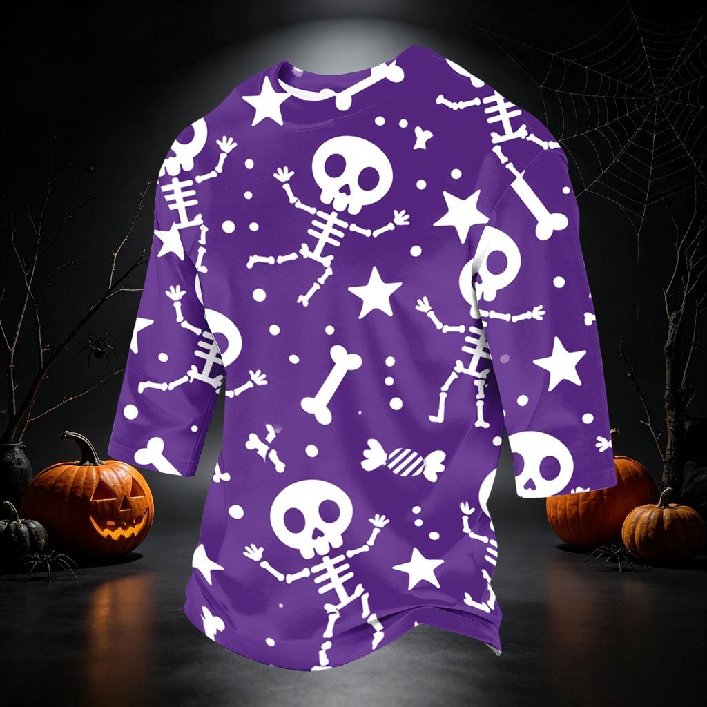 Men's Casual 3/4 Sleeve Round Neck T-Shirt with Halloween Print