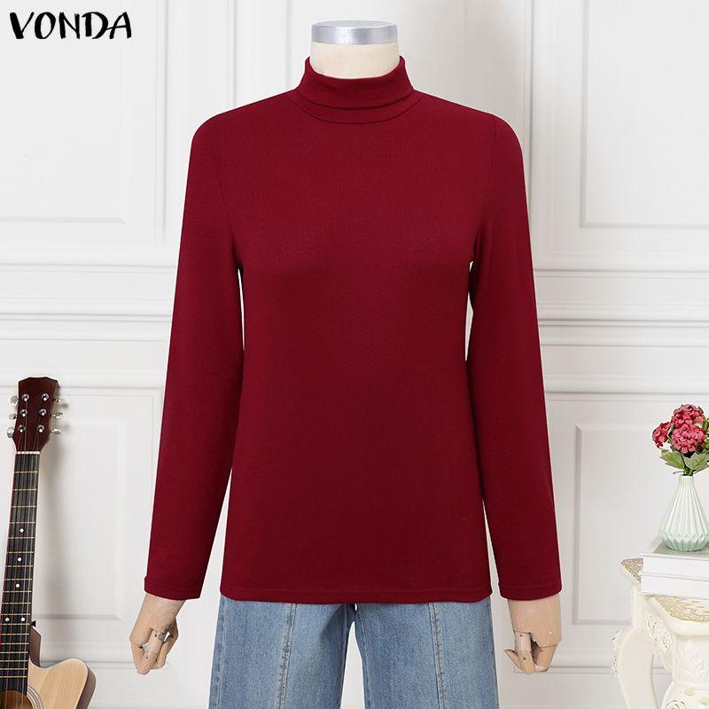 VONDA Women Casual High Neck Long Sleeve Fitted Warm Blouse Tops Undershirts