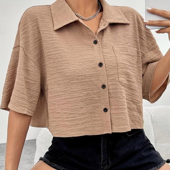 Camicia da Donna con Collo a Revers Manica Corta Top Corti Tipo Monopetto Casual con Tasca a Toppa