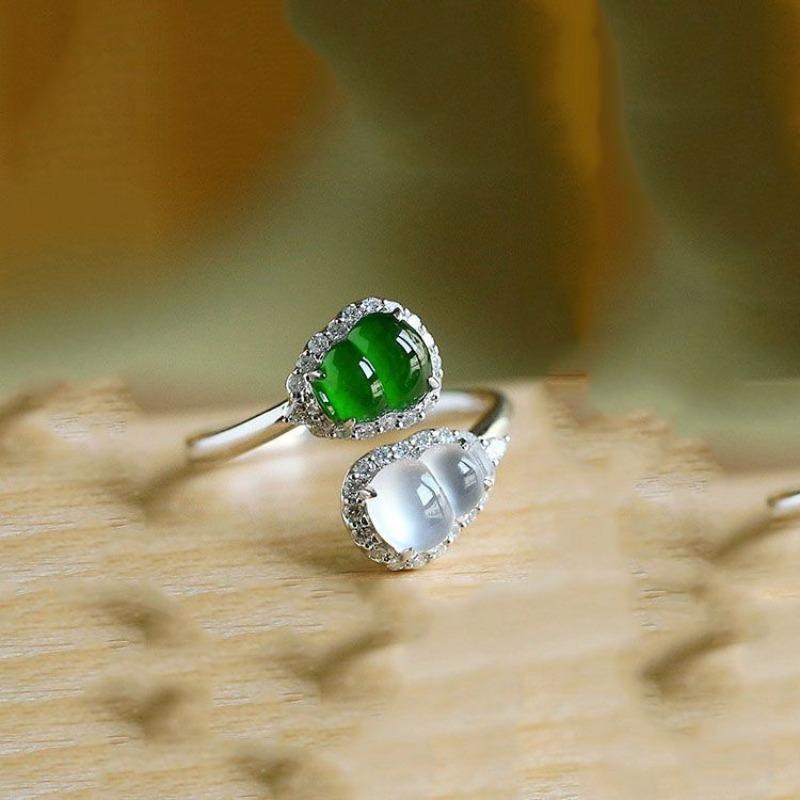 Silver 925 Inlaid Green and White Dual Tone Natural Chalcedony Gourd Rings for Women Exquisite and Fashion Ring Jewelry Gifts